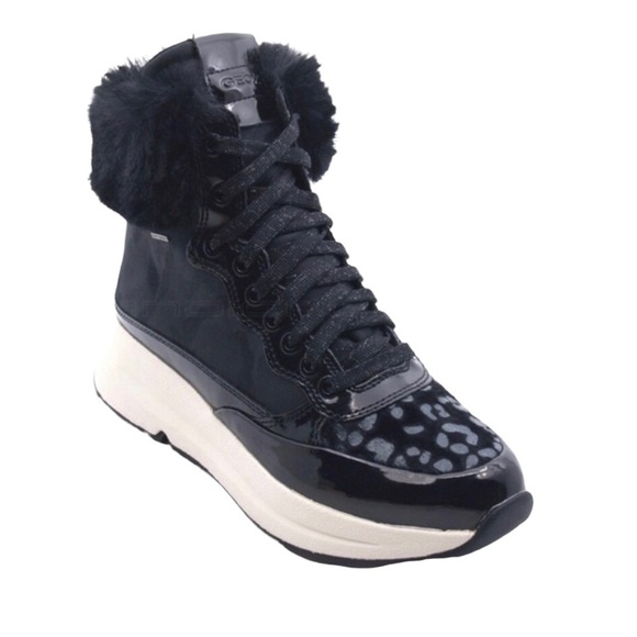 Geox Backsie Amphibiox Winter Boots Animal Print Faux Fur Black Size 7.5 Lace Up - Picture 1 of 10